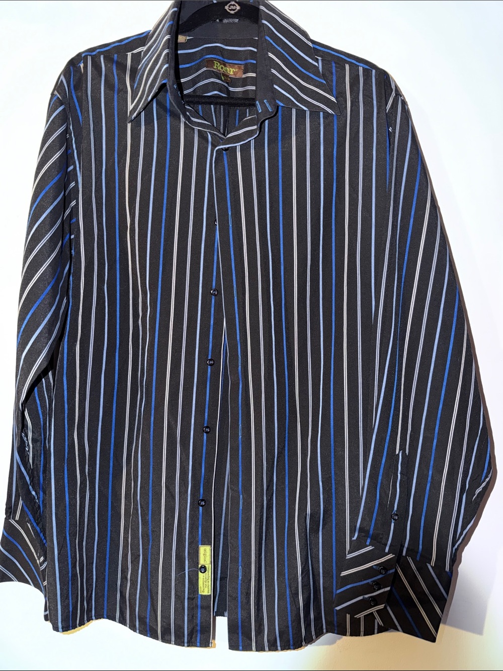 Roar Men's Black Dress Shirt with Blue & White Stripes
